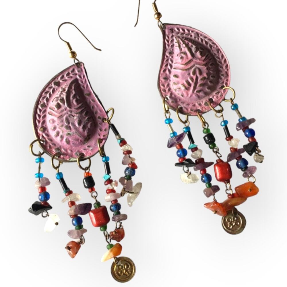 Bohemian pinky purple paisley and natural stone earrings